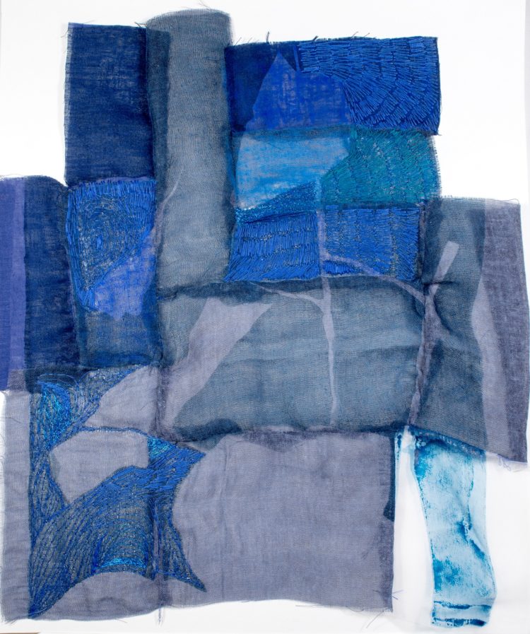 Mónica Leitão Mota: Blue Grid, 2019, 36.5cm x 30.5cm, Materials: cotton fabrics, Canson paper, oil pastel, thread/ Techniques: Screen printing, free motion embroidery