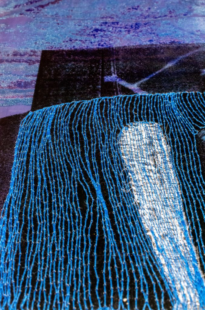 Mónica Leitão Mota: Stitched blue lines I (Detail), 2020, 21.5cm x 15.5cm, Materials: screen printed mesh, Arnhem paper, silk organza/ Techniques: Screen printing (with photo emulsion), free motion embroidery