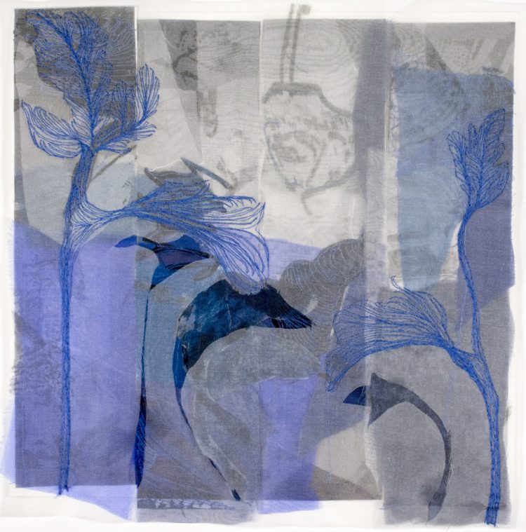 Mónica Leitão Mota: Stitched Blue Lines II, 2020, 33cm x 32 cm, Materials: screen printed mesh, silk organza, Rives paper, recycled fabric, thread, transparent plastic film/ Techniques: Screen printing (with photo emulsion), free motion embroidery