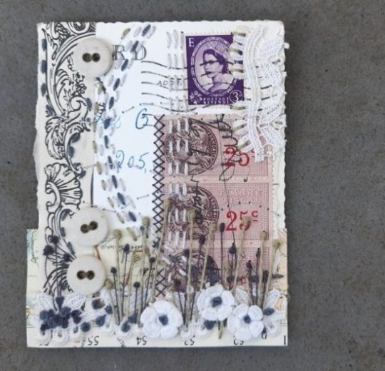 Anne Brooke: Postcard fragment 3 (2020) Vintage postcard stitch vintage lace linen buttons paper 10cm x 8 cm