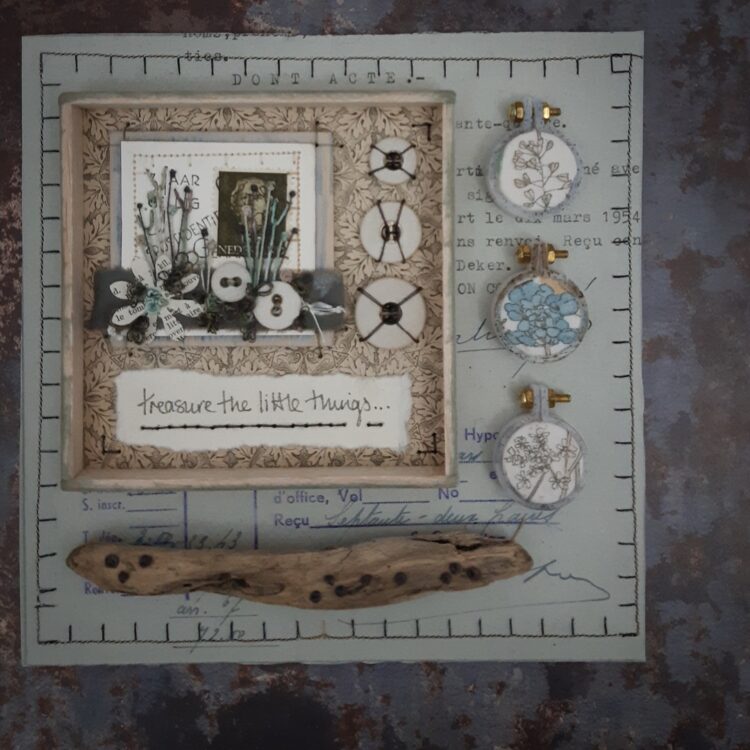 Anne Brooke, Textile Wandering – Treasure the Little Things, 2020. 20cm x 20cm (8” x 8”). Stitch using paper, wood, buttons, fabric, mini hoops and postcard fragment.
