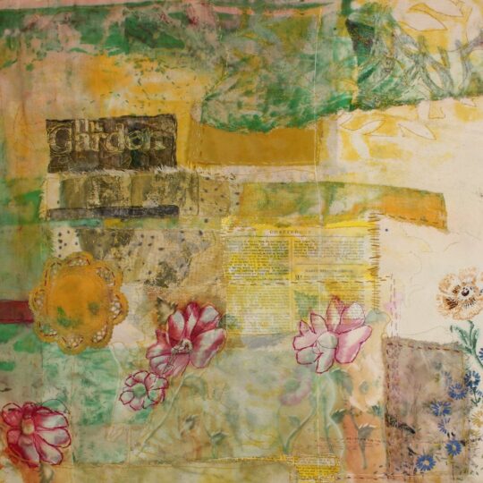 Cas Holmes, The Garden (detail), 2022. 77cm x 70cm (30” x 28”). Silk and sun printing, collage, appliqué, machine and hand stitch. Reclaimed cloth, pages from a gardening book, paints and dyes.