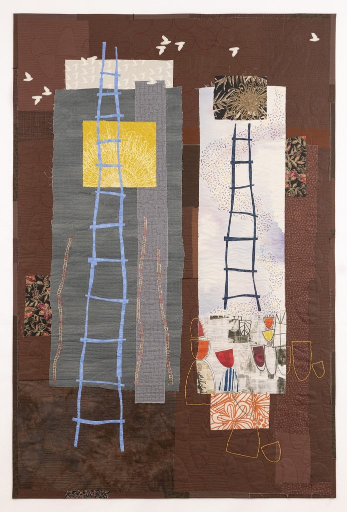 Deborah Boschert: Through and Through (2019), 60 x 40 inches. Commercial and original printed fabric, paint, thread; raw edge fused appliqué, surface hand embroidery, free motion quilting. Photo credit: Jason Voinov.