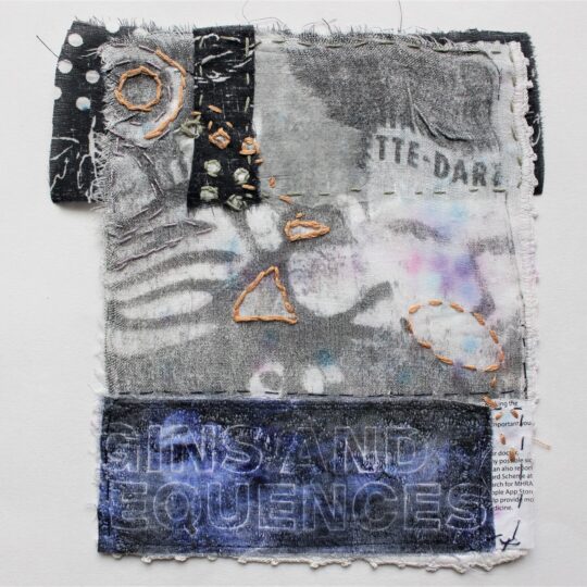 Cas Holmes, Utterances Series: Sequences, 2023. 16cm x 16cm (6” x 6”). Low-tech image transfer, collage, machine and hand stitch. Reclaimed cloth, pages from a gardening book, paints and dyes.