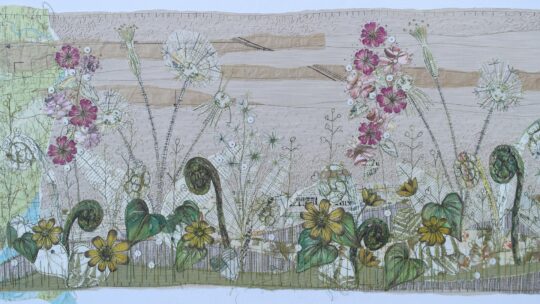 Anne Brooke, Walk on the Canal, 2018. 100cm x 50 cm (40” x 20”). Stitch on various papers.