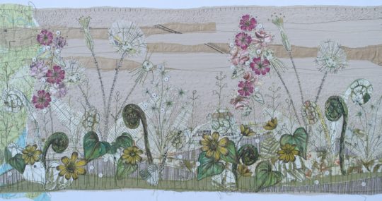 Anne Brooke: Walk on the canal (2018), 100cm x 50 cm. Various papers and stitch.