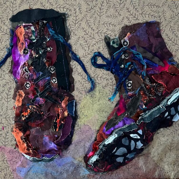 Barbara Shaw, Winter Boots (detail), 2023. 34cm x 25cm (14” x 10”). Hand stitch. Organza, lace, silk, sparkly bits, printed cotton and grey thread.