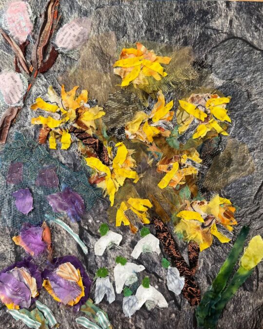 Barbara Shaw, Witch Hazel and Spring Flowers, 2023. 22cm x 28cm (9” x 11”). Hand stitch. Organza, lace, silk, sparkly bits, printed cotton and grey thread.