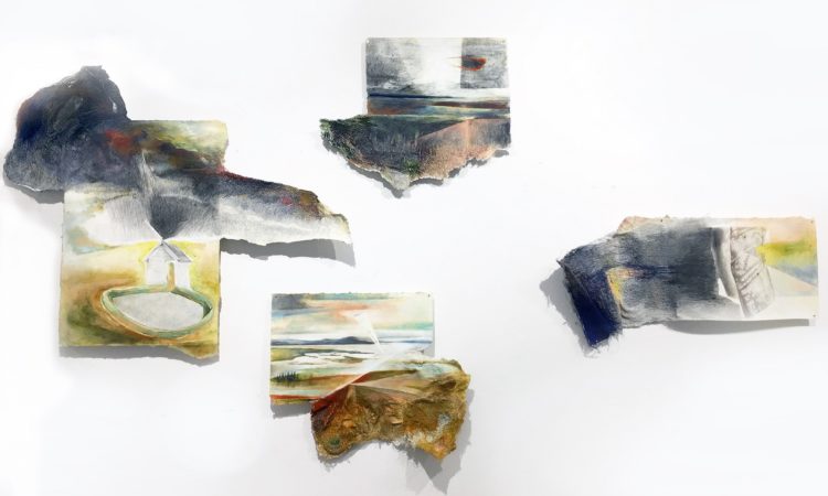 Sonia Aniceto: View of one of the walls of the exhibition "Peaux rebelles". Martine Ehmer Gallery, Brussels, 2019, From left to right: 65 x 55 cm; 45 x 42 cm; 44 x 40 cm; 52 x 39 cm, Colour pencil, oil painting, free machine embroidery, hand embroidery with cotton thread on "drop paper"