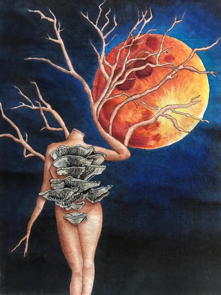 Emily Porter: Orange Moon, 2018, 18 x 24 inches, Free motion embroidery and alcohol ink on canvas