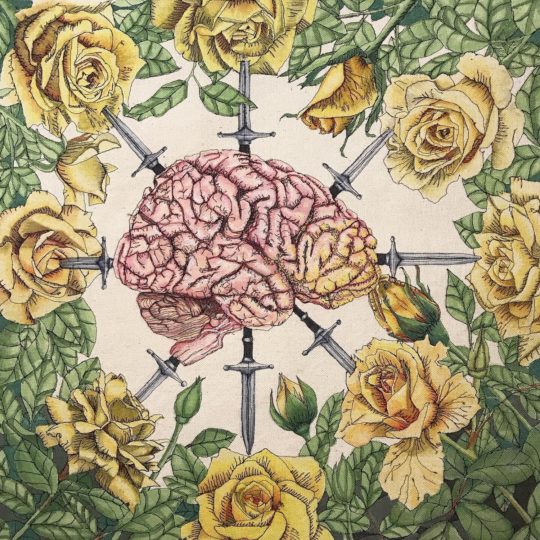 Emily Porter: War of the Roses, 2019, 16 x 16 inches, Free motion embroidery and alcohol ink on canvas