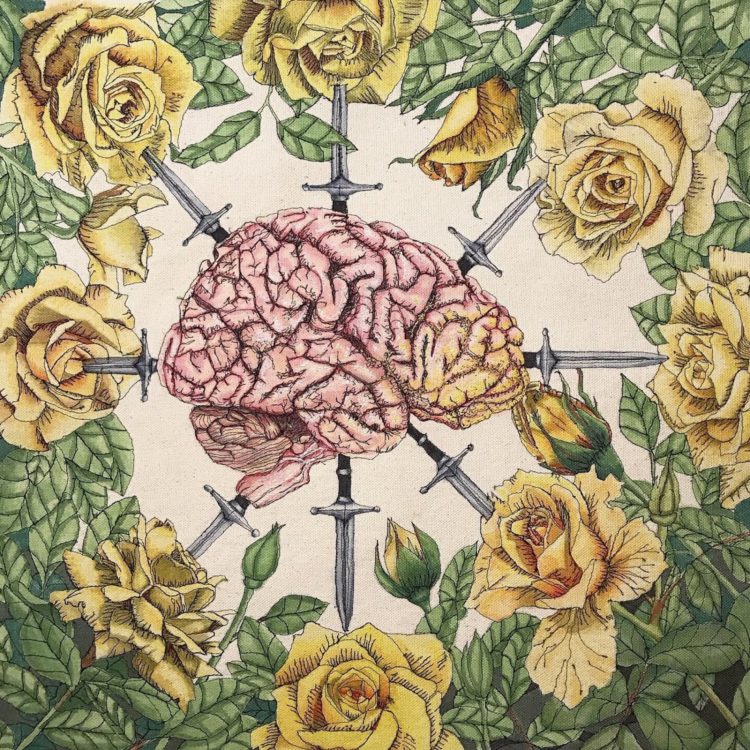 Emily Porter: War of the Roses, 2019, 16 x 16 inches, Free motion embroidery and alcohol ink on canvas