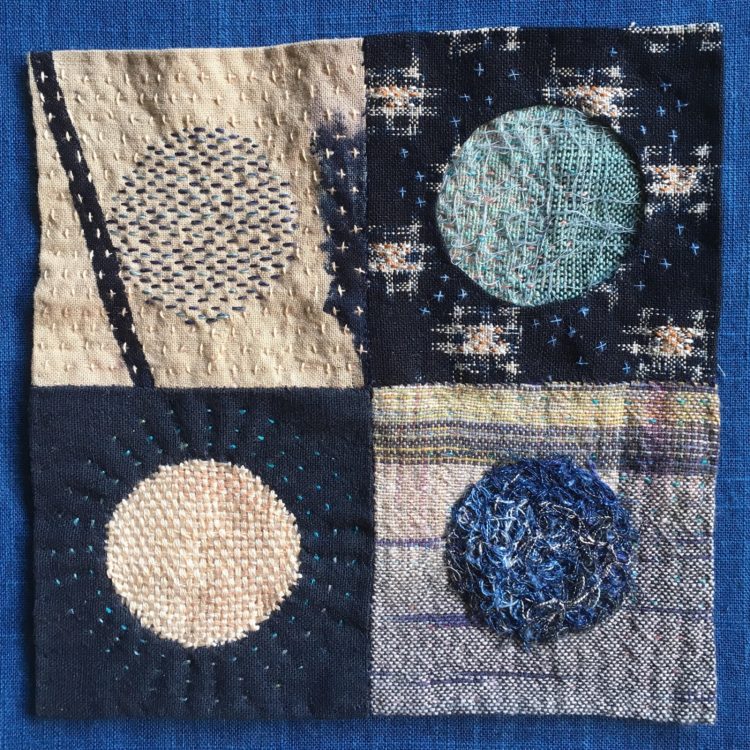 Julie B Booth, Boro Moons, 2017. Mixed media textile.