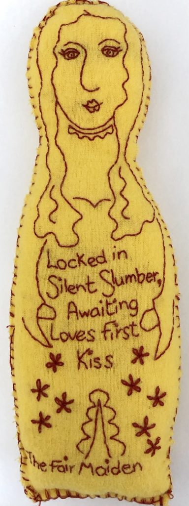 Vanessa Marr: The Fair Maiden, 2016, 5 x 18 cm, Embroidery on yellow duster 