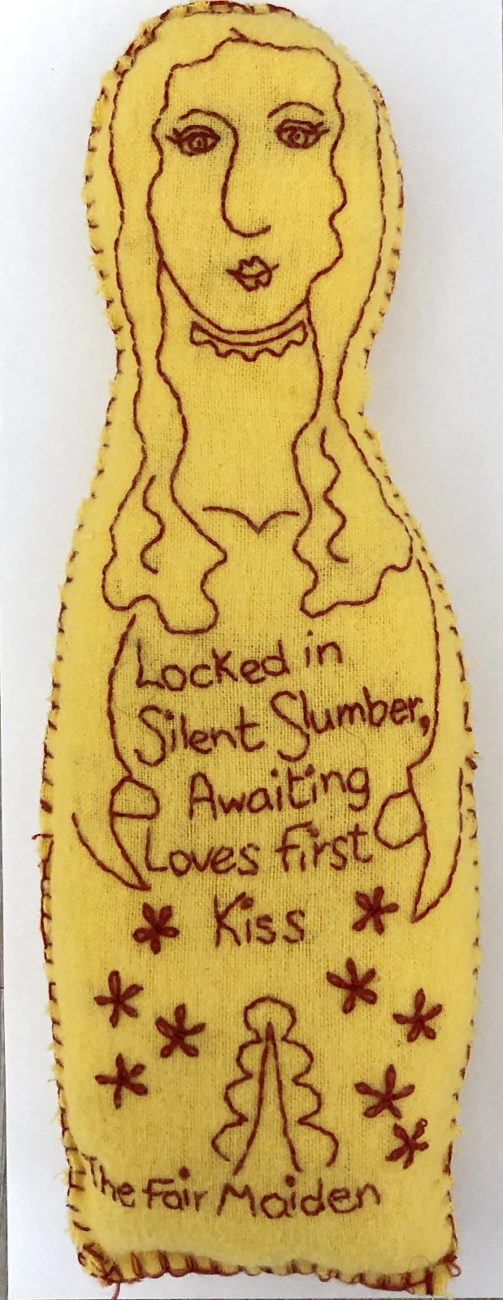 Vanessa Marr: The Fair Maiden, 2016, 5 x 18 cm, Embroidery on yellow duster