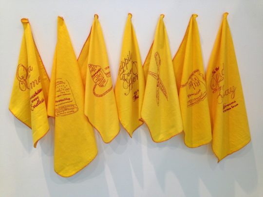 Vanessa Marr: Promises and Expectations, 2014, x 7 dusters, each measuring approx 35 x 50cm, Embroidery on a duster