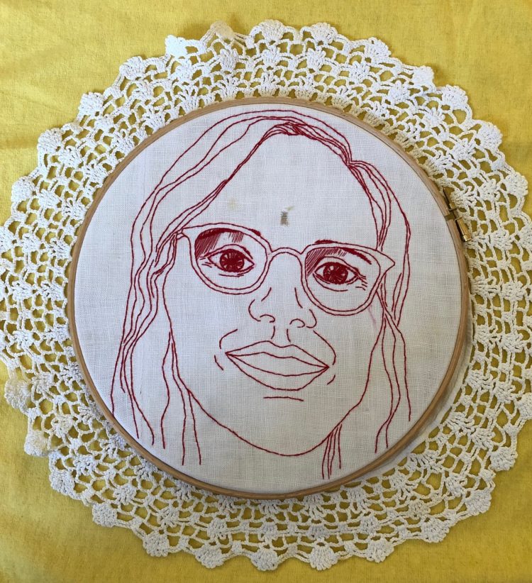 Vanessa Marr: Self Portrait, 2020, 25 x 25 cm, Vintage dressing table cloth, hoop and embroidery silk