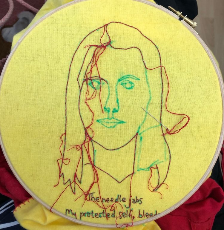 Vanessa Marr: Work in progress for The Needle jabs..., 2019, 25 - 50 cm, Embroidery on a yellow duster 