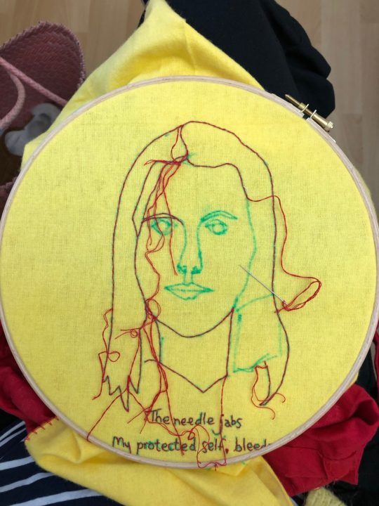 Vanessa Marr: Work in progress for The Needle jabs..., 2019, 25 - 50 cm, Embroidery on a yellow duster
