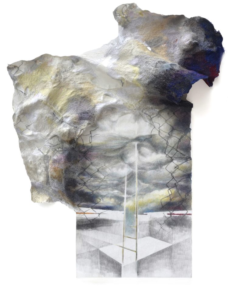 Sonia Aniceto: Escale, 2020. 85 x 62 cm. Colour pencil and oil painting on drop paper, free machine stitch with cotton thread.