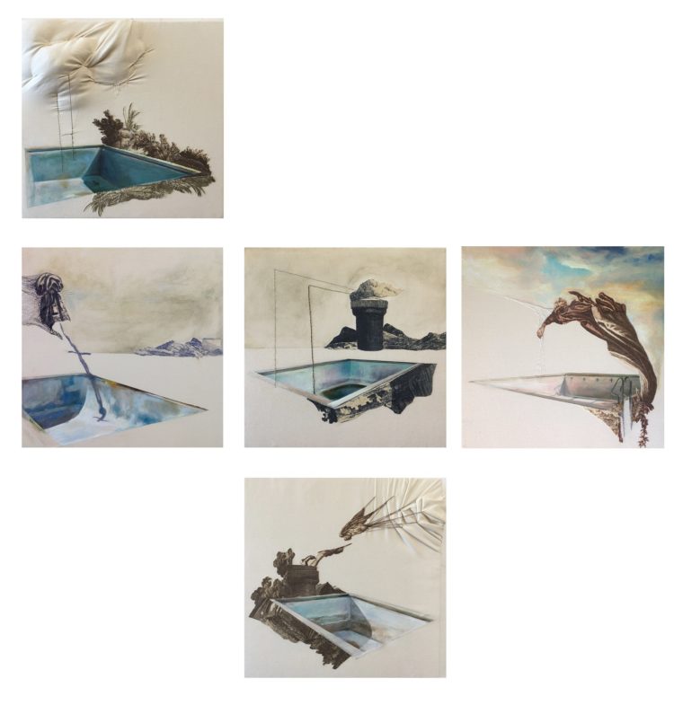 Sonia Aniceto: Lacunary spaces, 2016-2018. Series of title formats of 30 x 30 cm each. Acrylic on canvas, cuts of "toile de jouy”, sewing techniques, hand and free machine stitch.