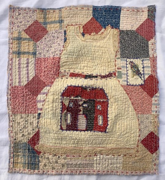 Anne Kelly: New England House - Dress, 2020, 50 x 50 cm, mixed media textile with vintage patchwork and dolls clothes