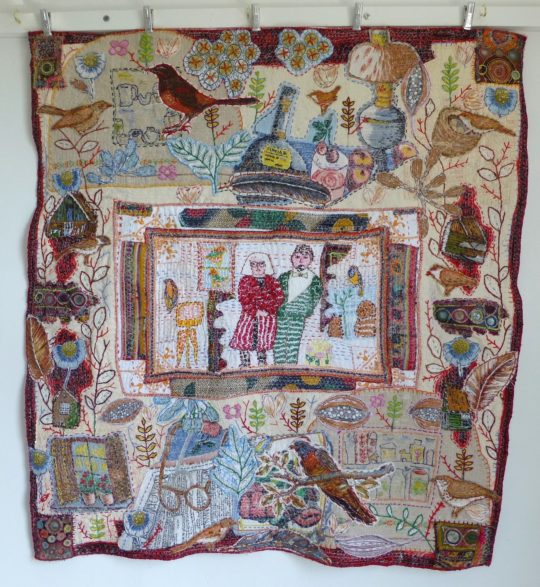 Anne Kelly: Stay at Home, 2020, 100 x 100 cm, mixed media with vintage textiles and embroidery