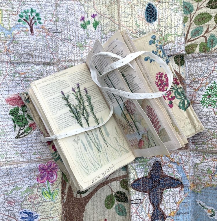 Anne Kelly: 'Western Weeds' sketchbook on top of 'Devon Map', 2019, Sketchbook A5 size, map 100 x 100 cm (detail here), mixed media textile and paper lamination with vintage elements and stitch