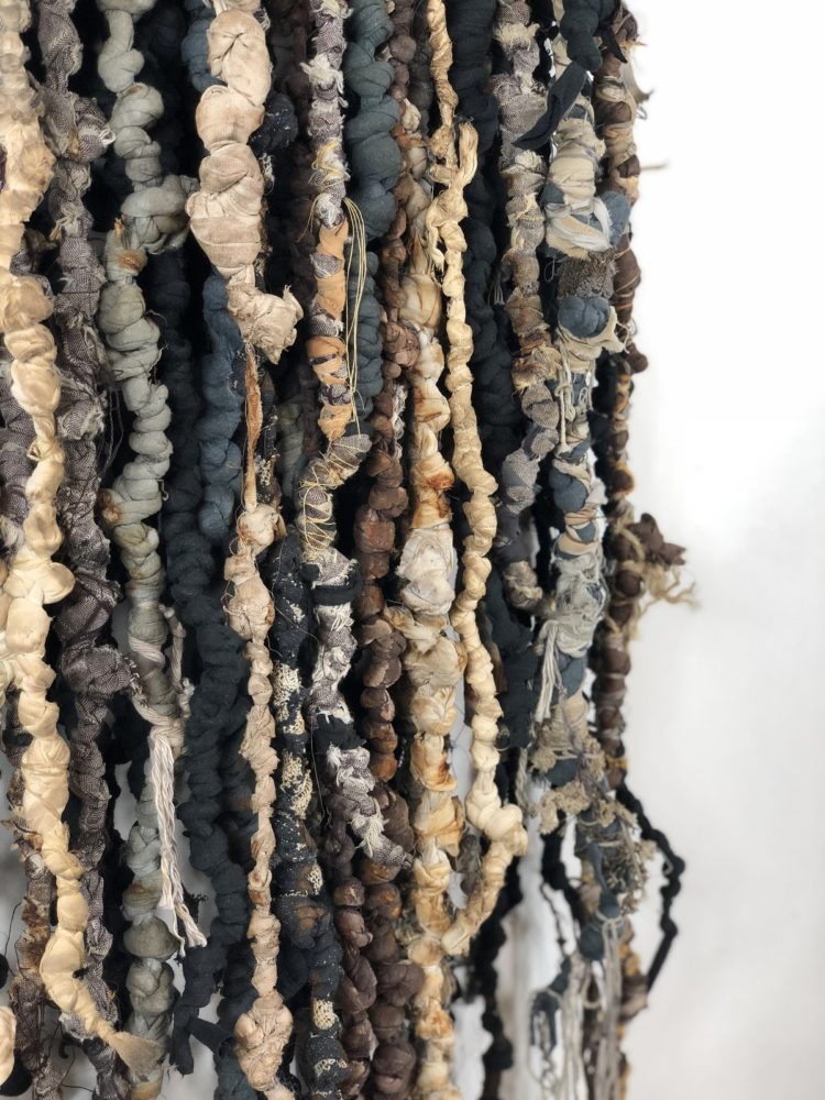 Clarissa Callesen: Counting Tangled Joy (Detail), 2018, 63"x 28" X 7", Textile waste, string, wire, found metal grid 