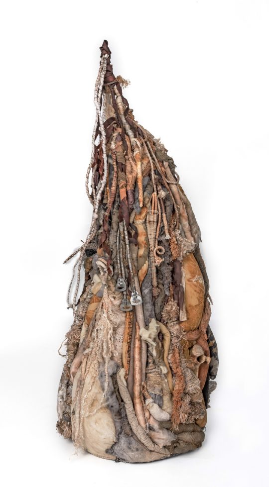 Clarissa Callesen: Mountain of Prayers, 2017, 43" x 18" x 17", Recycled textiles, bone, willow, leather, and found objects
