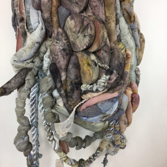 Clarissa Callesen: Tender Shelter (Detail), 2018, 62"x 18" X 10", Recycled textiles, found tarp, rope, wood, wire, thread