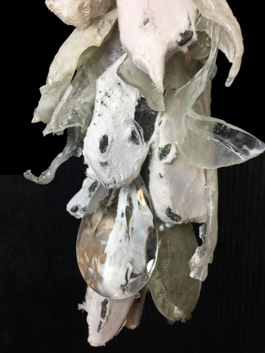 Clarissa Callesen: Worn Grace (Detail), 50" x 7" x 5", Recycled wedding dress fabric, vintage damask, silk pyjamas, stones, chandelier crystals, melted glass