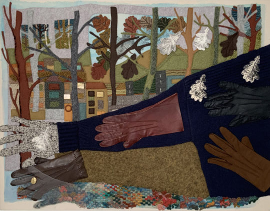 Sabine Kaner: Windrush: The cold British landscape, 2020, 76 x 58 cms, Hand stitch, Paint, Print, Threads, Felt, Repurposed clothing, button, leather, gauze