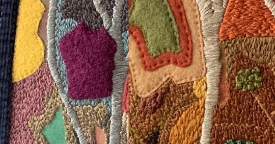 Sabine Kaner: Colour of the Nations (Detail), 2019/20, 37 x 41 cms, Hand stitch, Paint, Threads, Felt, Repurposed clothing