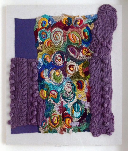 Sabine Kaner: Blended stitches, 2018, 37 x 41 cms, Hand stitch, Threads, Felt, Repurposed clothing