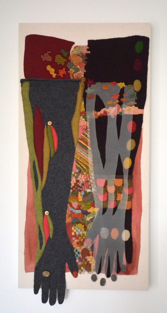 Sabine Kaner: Windrush: The colour of love, 2019/20, 69 x 34 cms, Hand stitch, Paint, Threads, Felt, Repurposed clothing, buttons, gauze