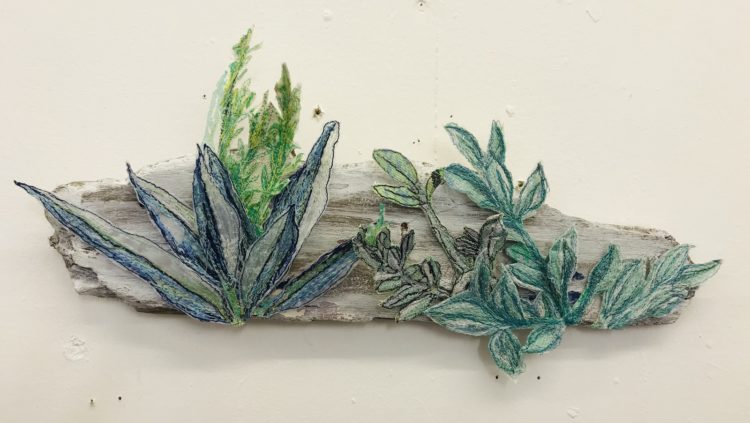 Vinny Stapley: 'Mersea Flora on Driftwood', 2019, 280mm x 120mm, Dissolvable Embroidery on driftwood