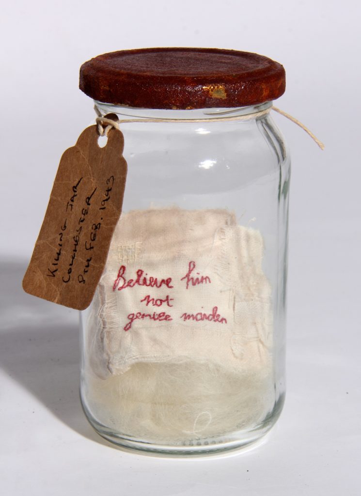 Ali Ferguson: Stolen Stories Killing Jars (detail). The only colour is the red writing 'believe him not gentle maiden'