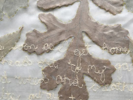 Alisa Banks: Breathe (Detail), 2016, 50" x 19", Organza, thread, leaves (Giant Sumac, Maples, Rose, Oak, Pittosporum), Zinnias; machine and hand sewn