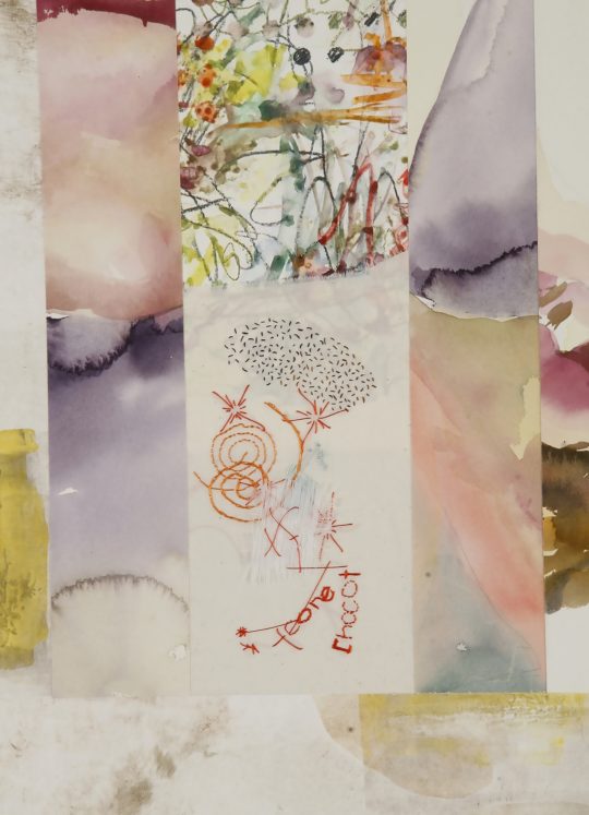 Alisa Banks: Chocot (Detail), 2007, 20" x 20", Paper, ink, thread, watercolour, graphite, paint, cotton