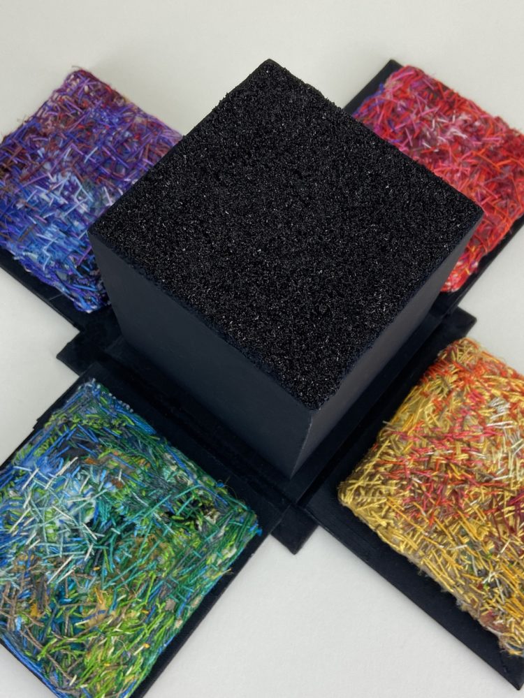 Alisa Banks: Black is Every Color (in progress), 2020, 5" x 5" x 5" closed, Thread, paper, book cloth, watercolour, graphite, acrylic, cotton, glass