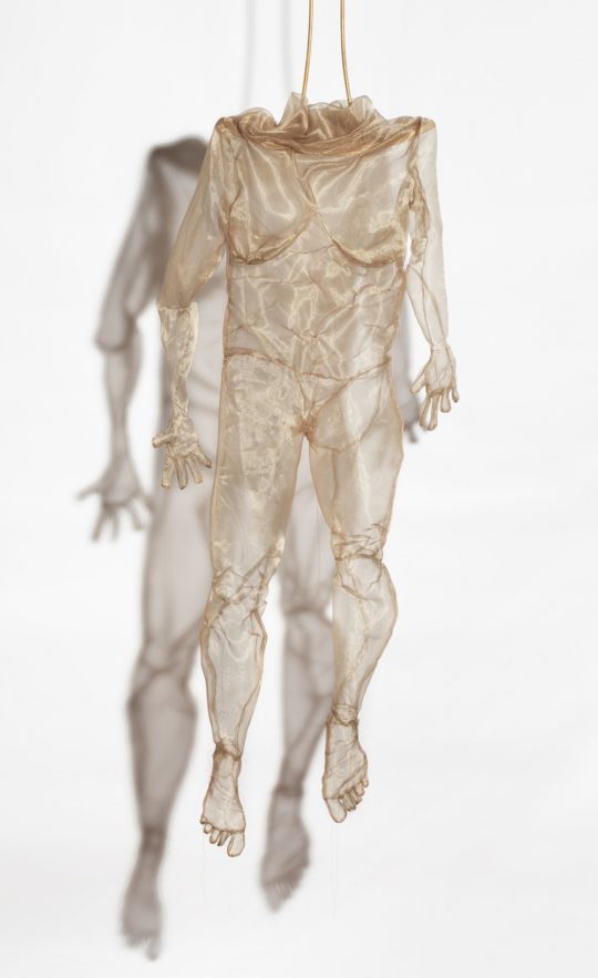 Jodi Colella: First Skin, 2018, 59 in. high x 24 in. wide x 8 in. deep, Hand sewn and modeled self portrait out of polyester organza and cotton thread
