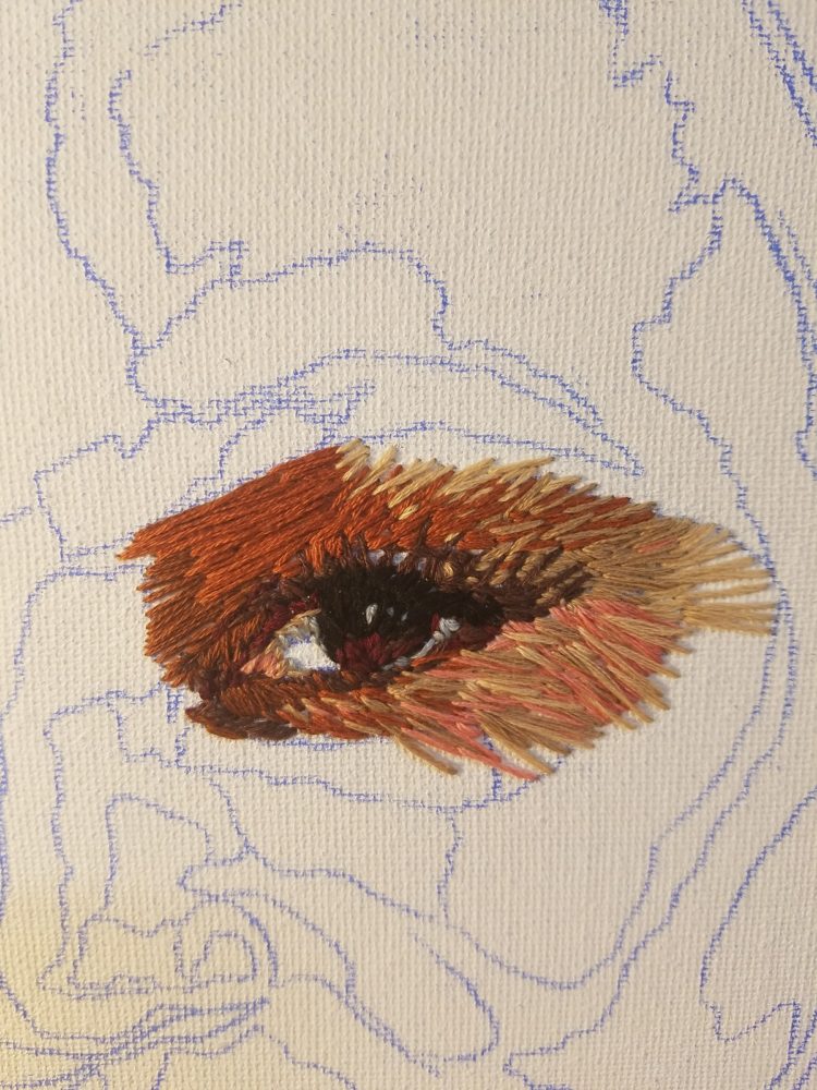 Nneka Jones: Self-portrait embroidered (eye detail) 2018, 16 x 20", embroidery thread, canvas