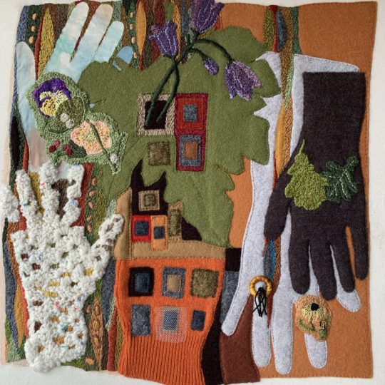 Sabine Kaner, All Green Spaces Closed, 2020. 60cm x 43cm (24” x 17”). Embroidery, hand stitch, paint, crochet, appliqué. Felt, repurposed clothing, curtain rings, calico, netting, embroidery and wool thread.