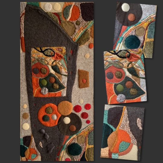 Sabine Kaner, Around The Brown Sleeve, 2021. 41cm x 70cm (16” x 28”). Hand sewing, felting, embroidery, paint, appliqué. Repurposed jumpers, felt, boiled wool, cord, wool and embroidery threads.