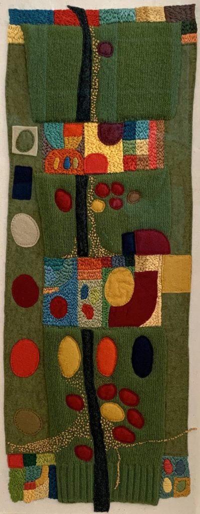 Sabine Kaner, Greensleeves, 2018. 24cm x 60cm  (10” x 24”). Hand stitch. Threads, Felt, Repurposed clothing