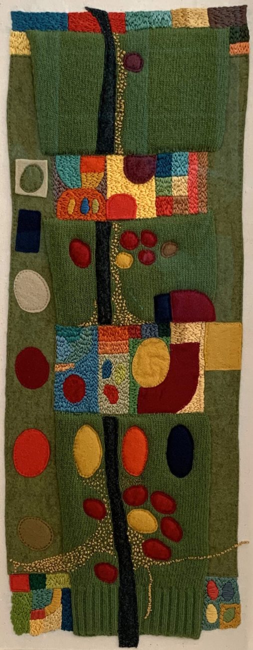 Sabine Kaner, Greensleeves, 2018. 24cm x 60cm (10” x 24”). Hand stitch. Threads, Felt, Repurposed clothing