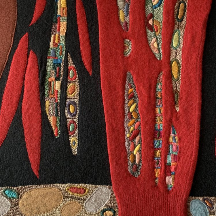 Sabine Kaner, Decorating the Cuts (detail), 2019. 47cm x 47cm (18” x 18”). Hand stitch. Threads, felt, repurposed clothing.