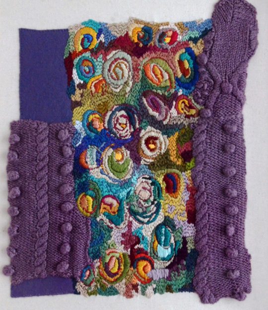 Sabine Kaner, Blended Stitches, 2018. 37cm x 41cm (14” x 16”). Hand stitch. Threads, felt, repurposed clothing.