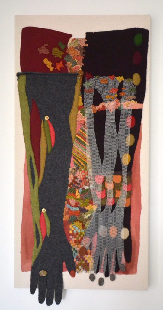 Sabine Kaner, Windrush: The Colour of Love, 2019. 69cm x 34cm (27” x 13”). Hand stitch, paint. Threads, felt, repurposed clothing